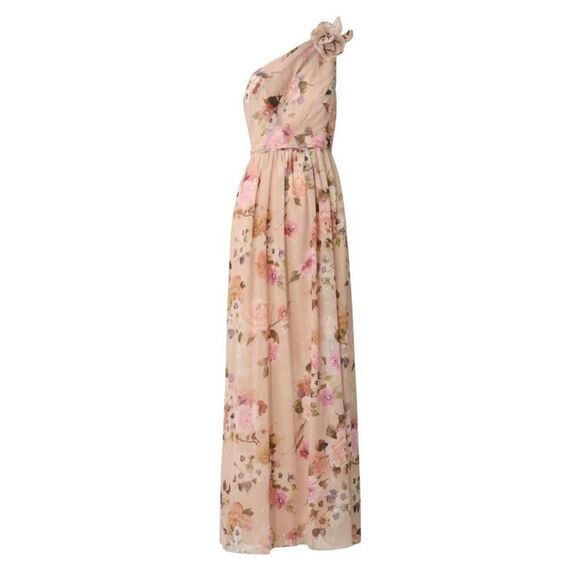 NWT Adrianna Papell Champagne Multi Nude Floral One Shoulder Gown Bridesmaid - Picture 4 of 10